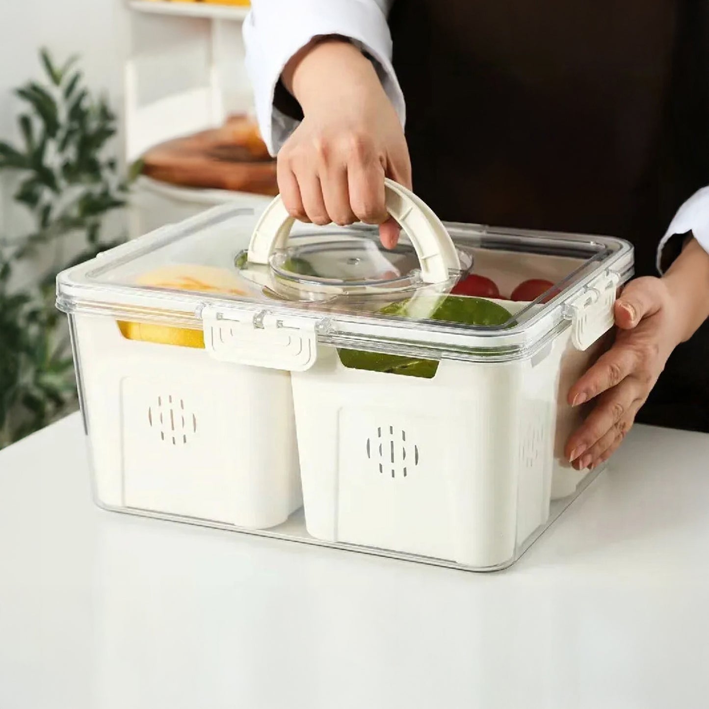 Fruit Storage Box Organizer, Refrigerator Vegetable Fresh Container, Plastic Refrigerator Storage Box with 2 Sections