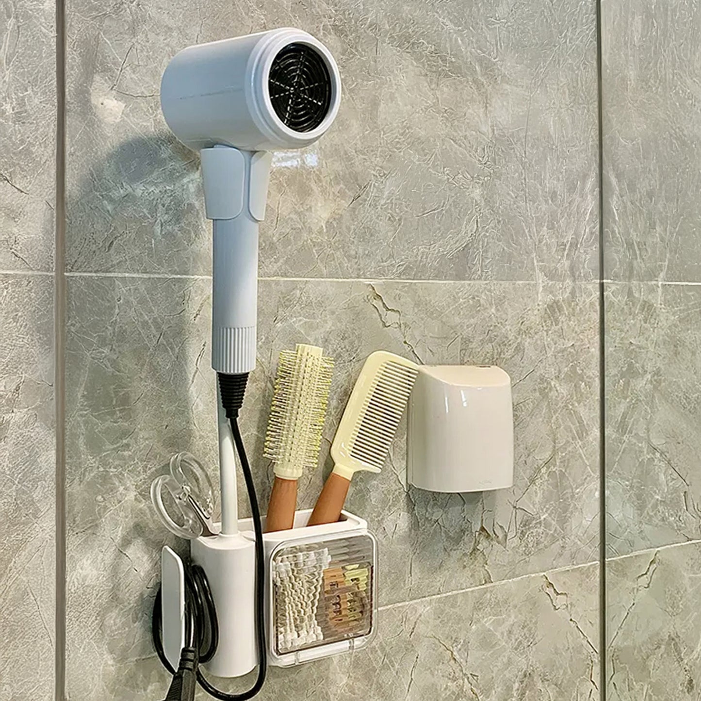 Hands Free Wall Mounted Hair Dryer Stand Holder, Drill Free, 360 Rotation Hair Dryer Stand