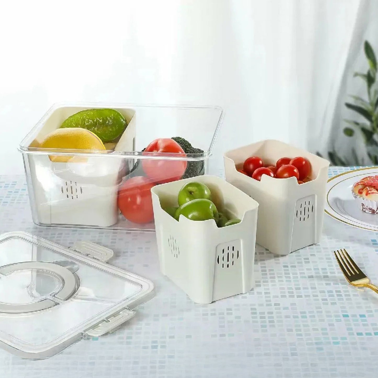 Fruit Storage Box Organizer, Refrigerator Vegetable Fresh Container, Plastic Refrigerator Storage Box with 3 Sections