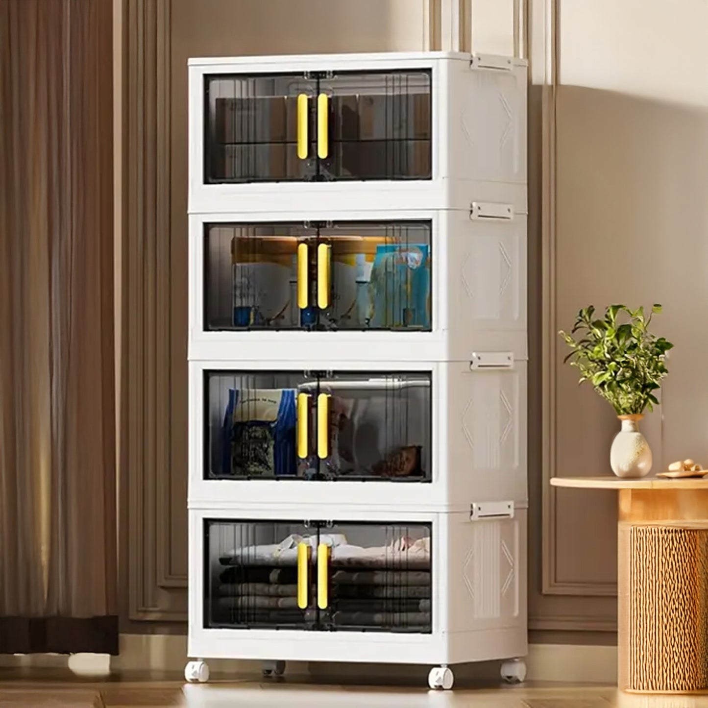 Foldable Wardrobe Stoarge Box– 4 Layer Home Storage and Clothes Organization Solution with Stackable, Collapsible Design, Wheels for Versatile Use in Dorms, Bedrooms, Kitchen, Living