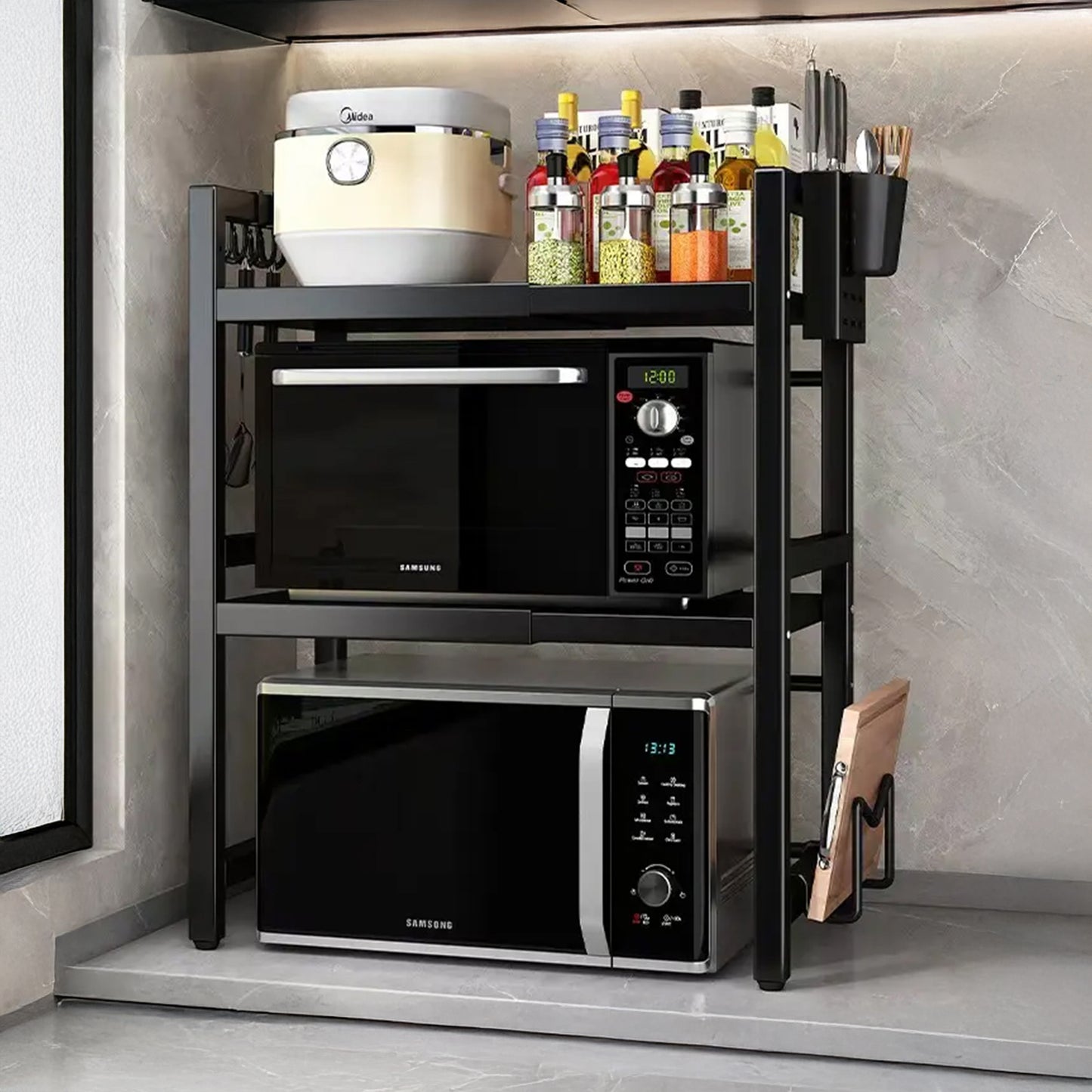 3-Tier Microwave Oven Rack, Expandable Microwave Stand, Countertop Utensils Tableware Storage