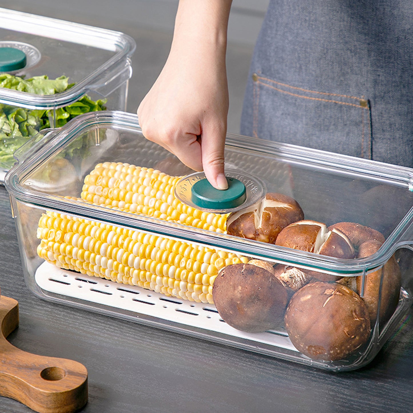 Medium - Air Tight Fridge Container Box, Fruits, Vegetables and food storage organizer with Drain tray and Date Marker
