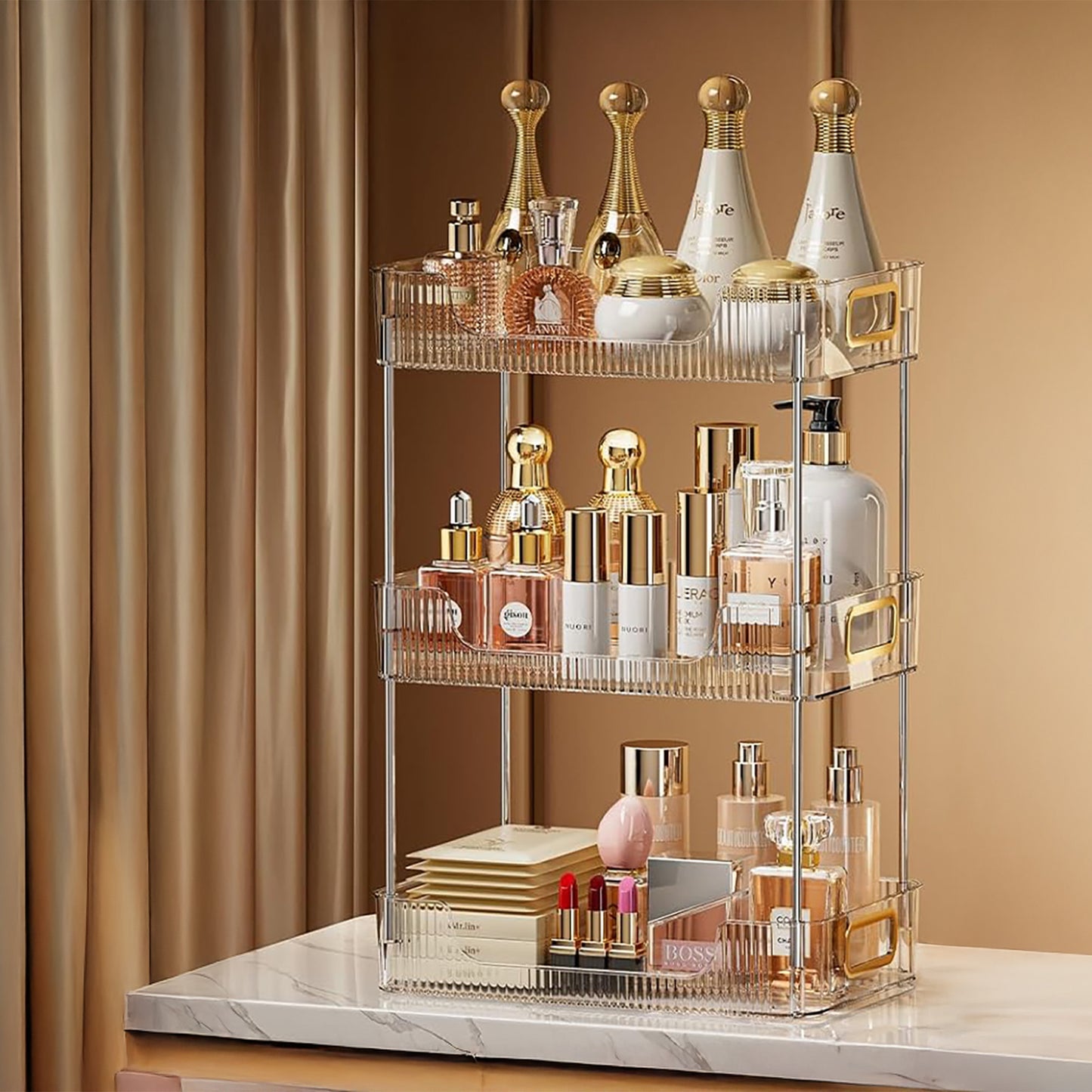 RUBHUB Transparent 3-Layer Bathroom/Kitchen/Dressing Table Countertop Organizer – Versatile Storage with a Premium Glass Finish