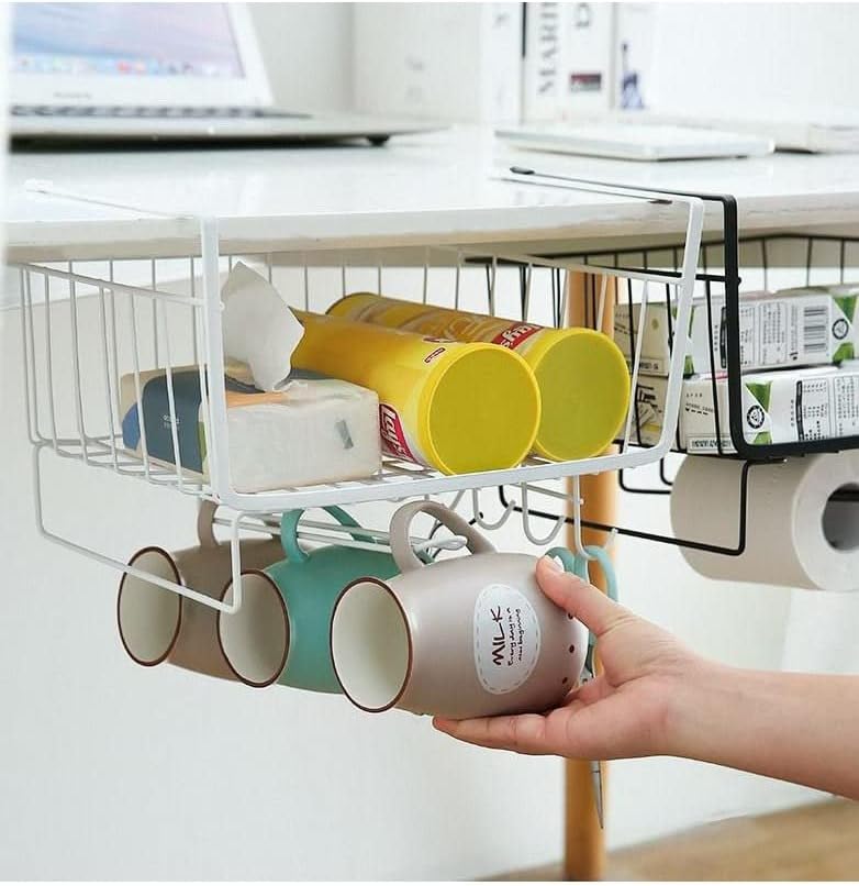 Kitchen shelving cabinet under hanging basket, wardrobe storage rack sundries kitchenware utensils pot lids storage hanging basket organizer rack with hooks