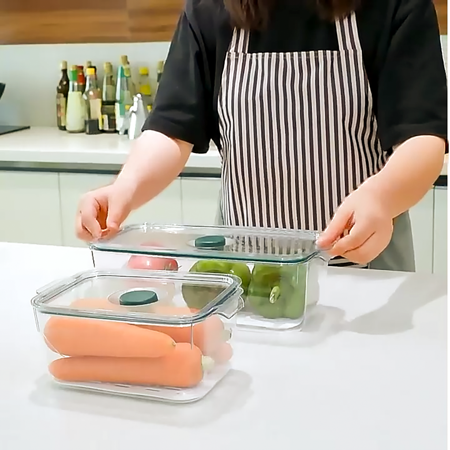 Large - Air Tight Fridge Container Box, Fruits, Vegetables and food storage organizer with Drain tray and Date Marker