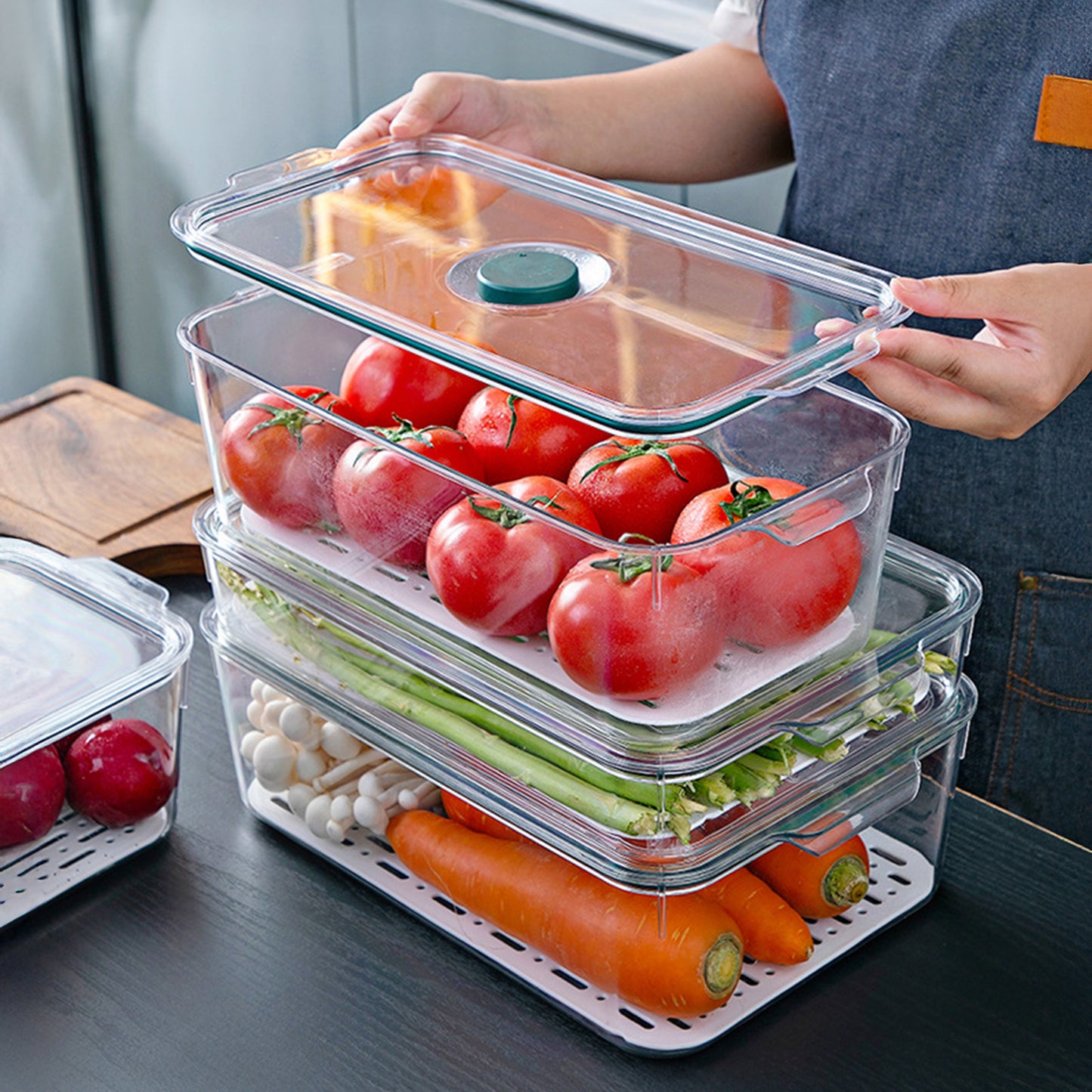 Medium - Air Tight Fridge Container Box, Fruits, Vegetables and food storage organizer with Drain tray and Date Marker