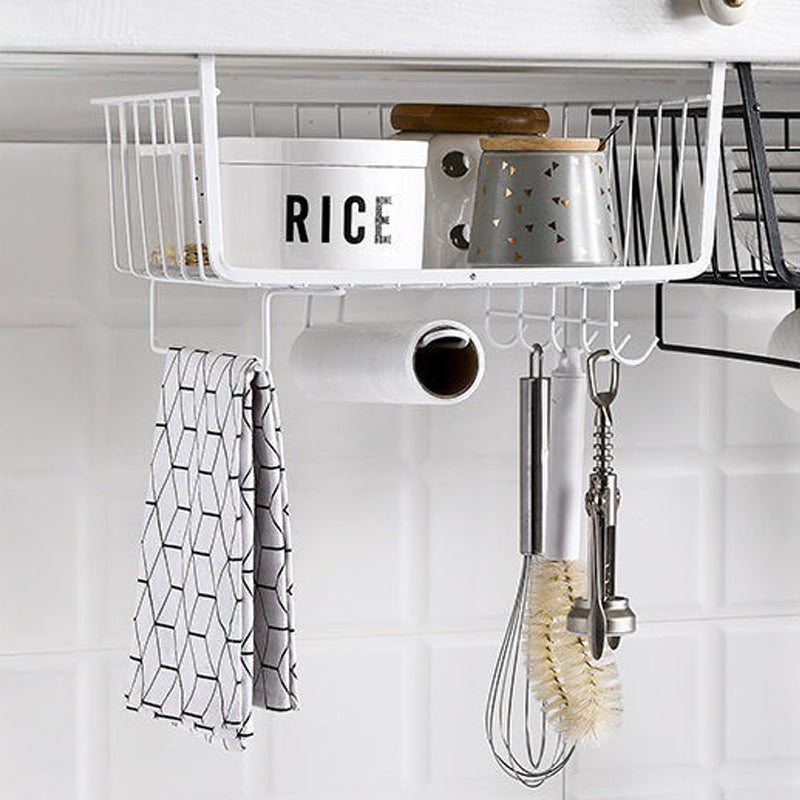 Kitchen shelving cabinet under hanging basket, wardrobe storage rack sundries kitchenware utensils pot lids storage hanging basket organizer rack with hooks