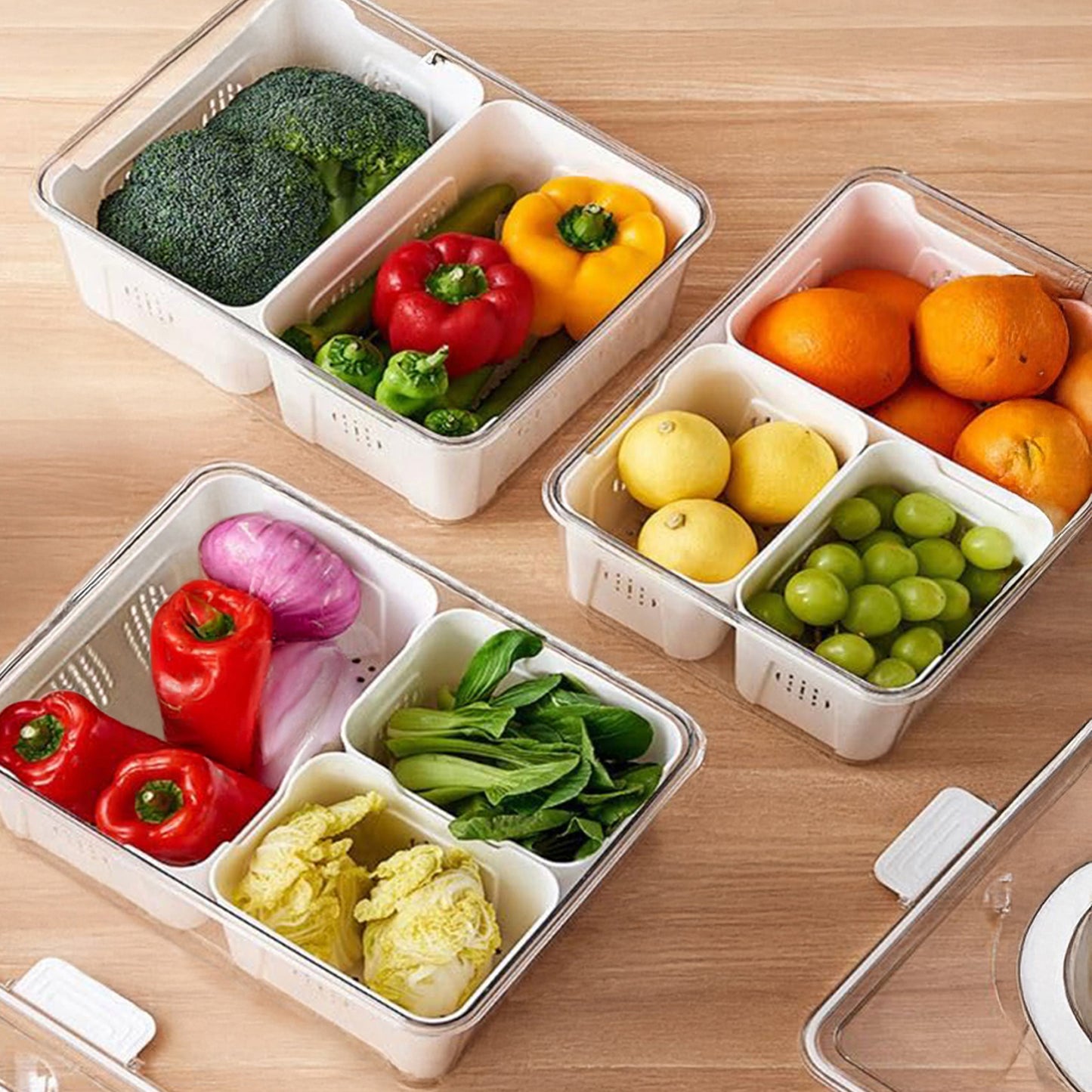Fruit Storage Box Organizer, Refrigerator Vegetable Fresh Container, Plastic Refrigerator Storage Box with 3 Sections
