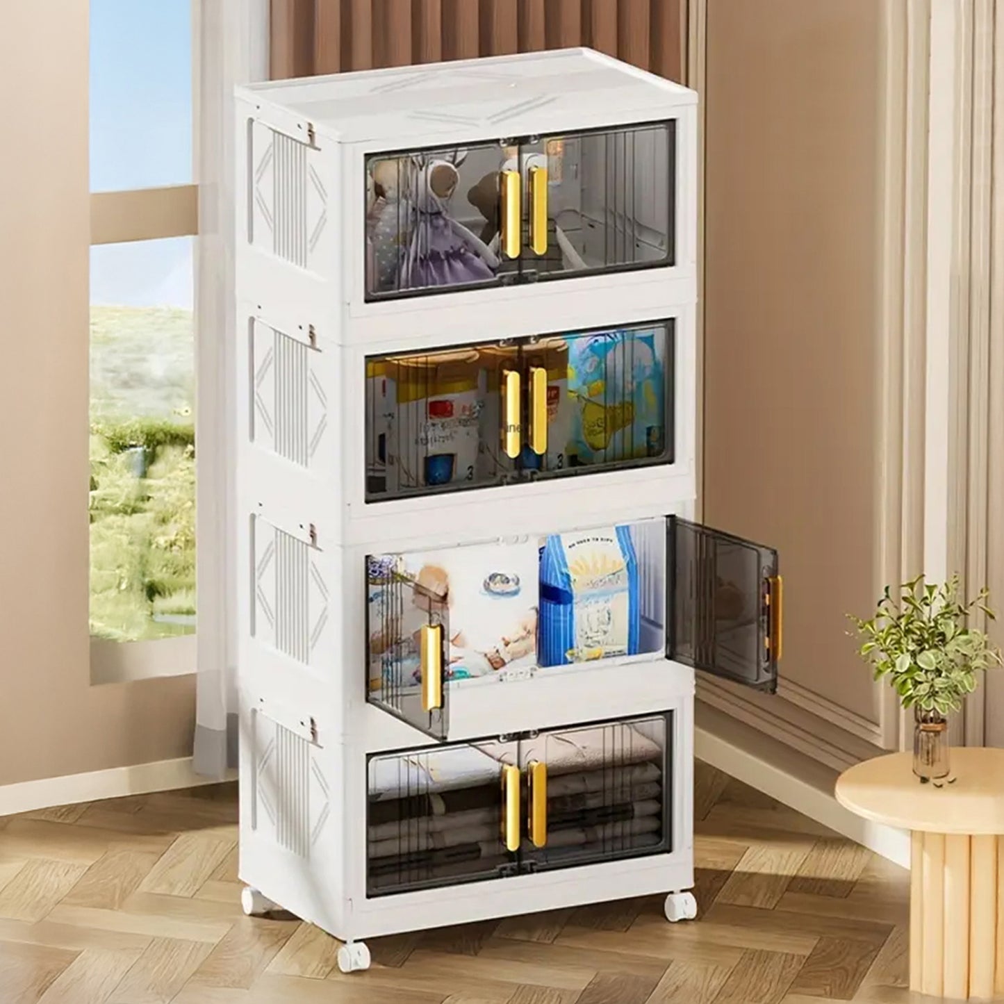 Foldable Wardrobe Stoarge Box– 4 Layer Home Storage and Clothes Organization Solution with Stackable, Collapsible Design, Wheels for Versatile Use in Dorms, Bedrooms, Kitchen, Living
