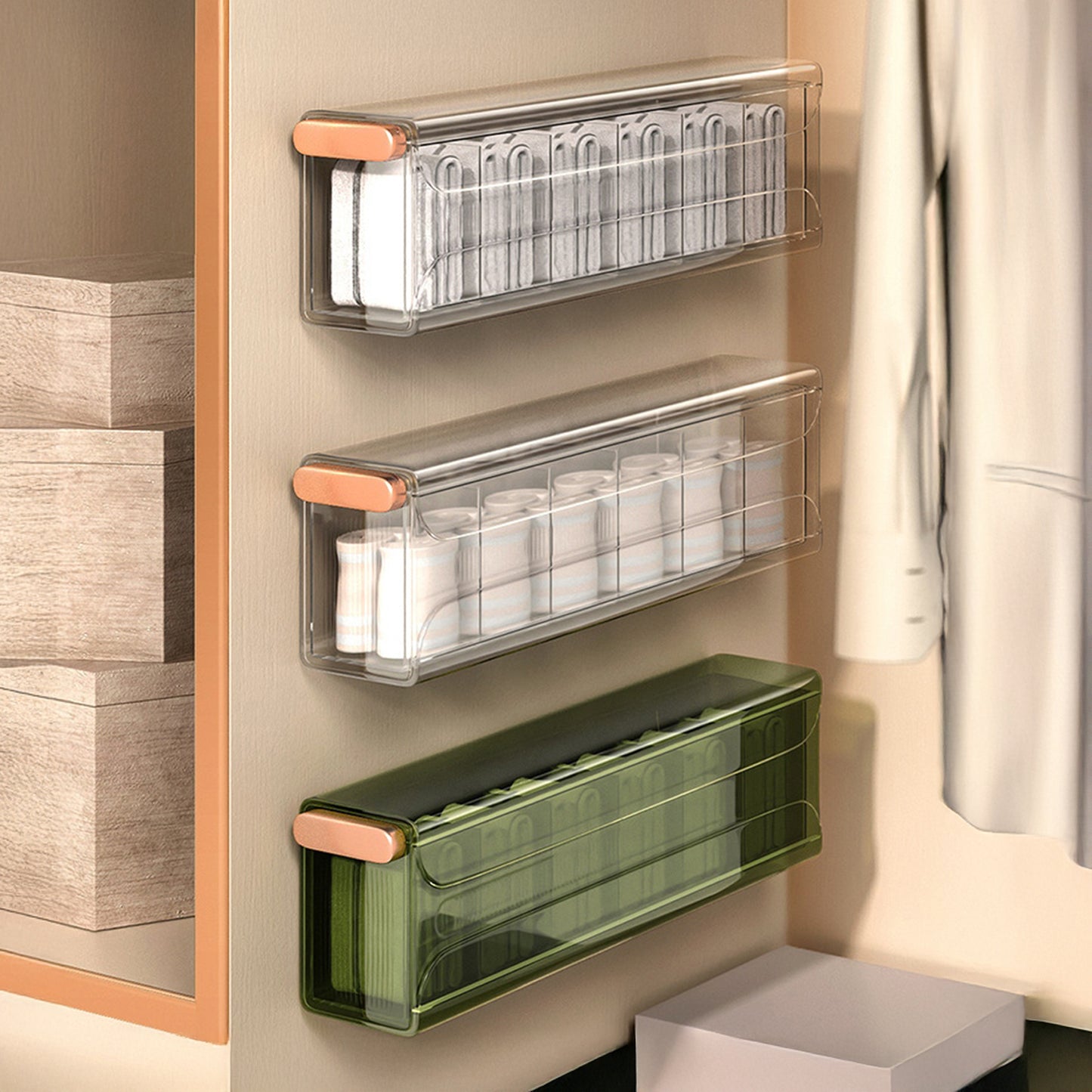 Glass Finish Wall Mount Drawer Organizer β Space-Saving Storage with Adjustable Design for organizing Socks, Briefs, and lingerie to daily-use items like phone chargers and office supplies