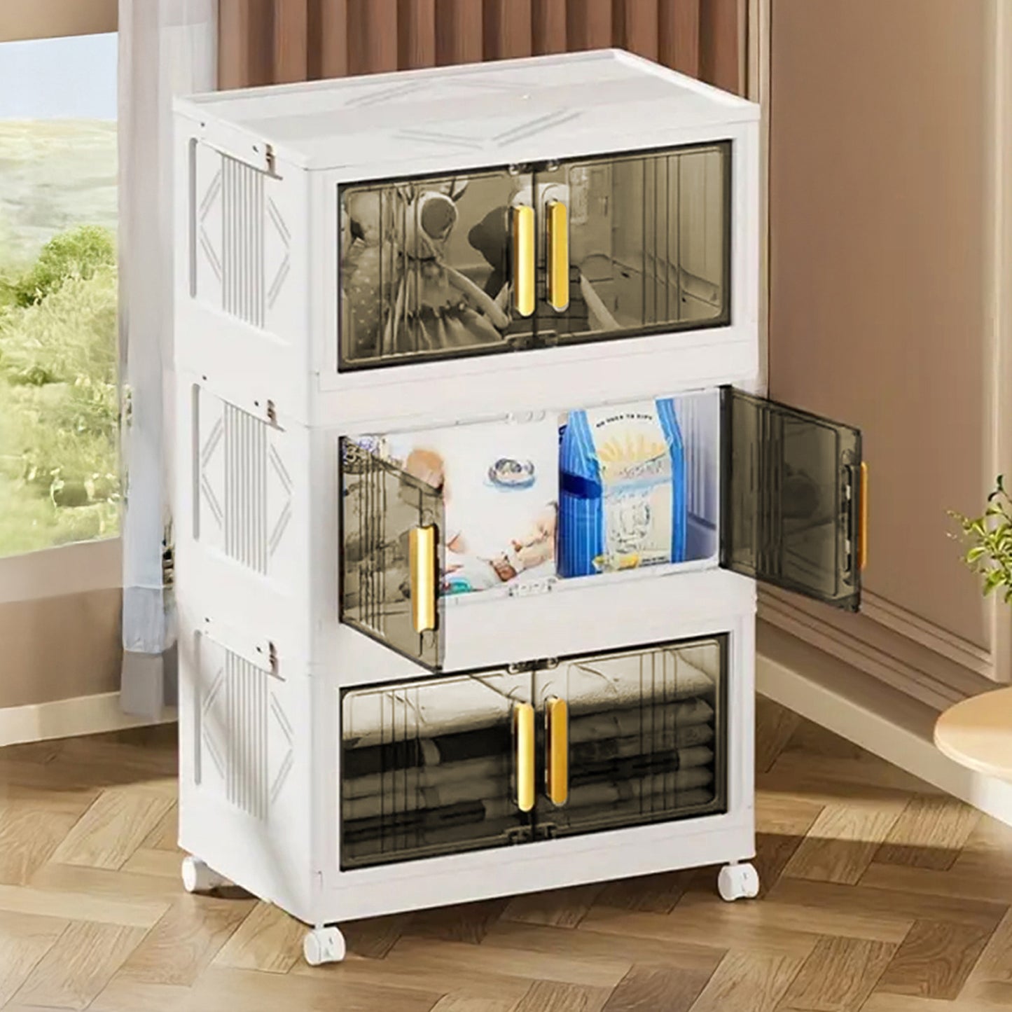 Folding Wardrobe Storage Box – 3 Layer Home Storage and Clothes Organization Solution with Stackable, Collapsible Design, Wheels for Versatile Use in Dorms, Bedrooms, Kitchen, Living