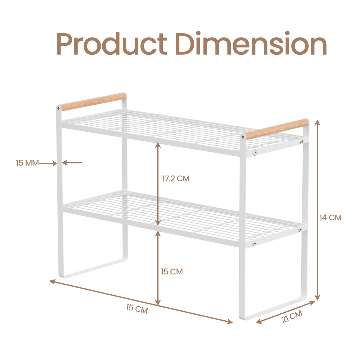 Double Layer White Metal Cabinet Organizer Shelf – Durable Kitchen Storage Rack with Wooden Handles, Bowl and Dish Drainer, Spice Rack