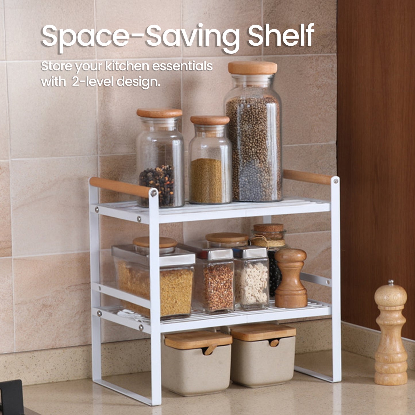 Double Layer White Metal Cabinet Organizer Shelf – Durable Kitchen Storage Rack with Wooden Handles, Bowl and Dish Drainer, Spice Rack