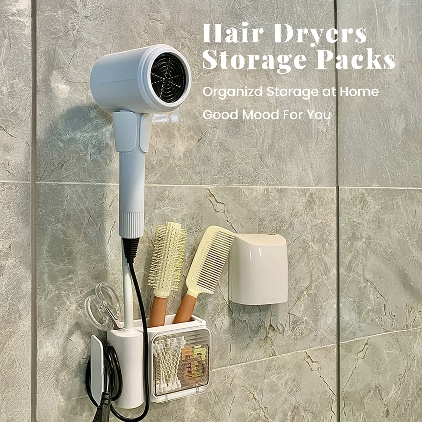 Hands Free Wall Mounted Hair Dryer Stand Holder, Drill Free, 360 Rotation Hair Dryer Stand