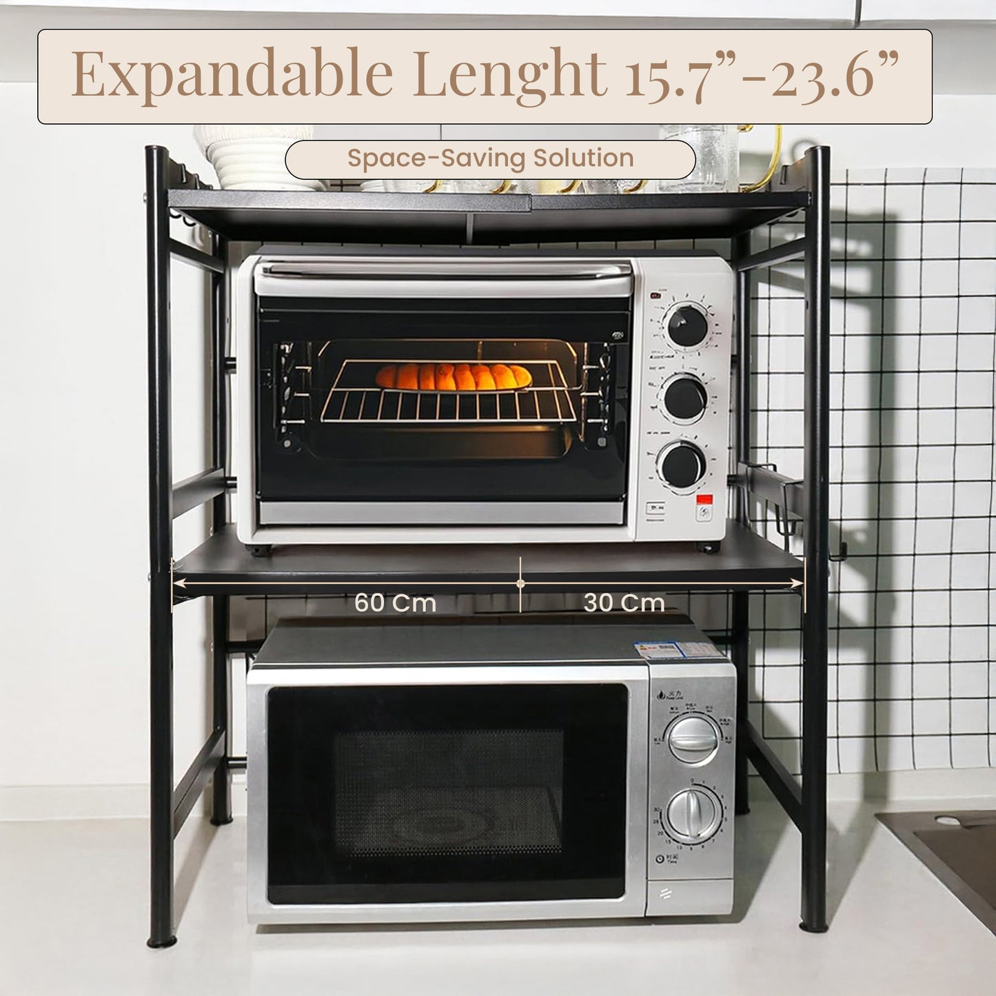 3-Tier Microwave Oven Rack, Expandable Microwave Stand, Countertop Utensils Tableware Storage