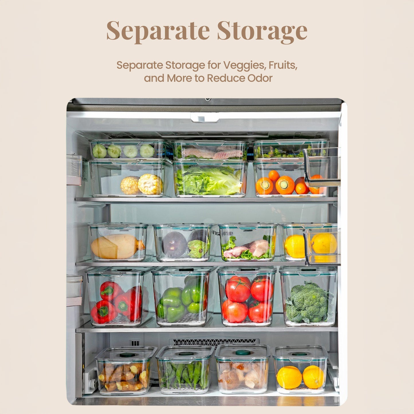 Medium - Air Tight Fridge Container Box, Fruits, Vegetables and food storage organizer with Drain tray and Date Marker