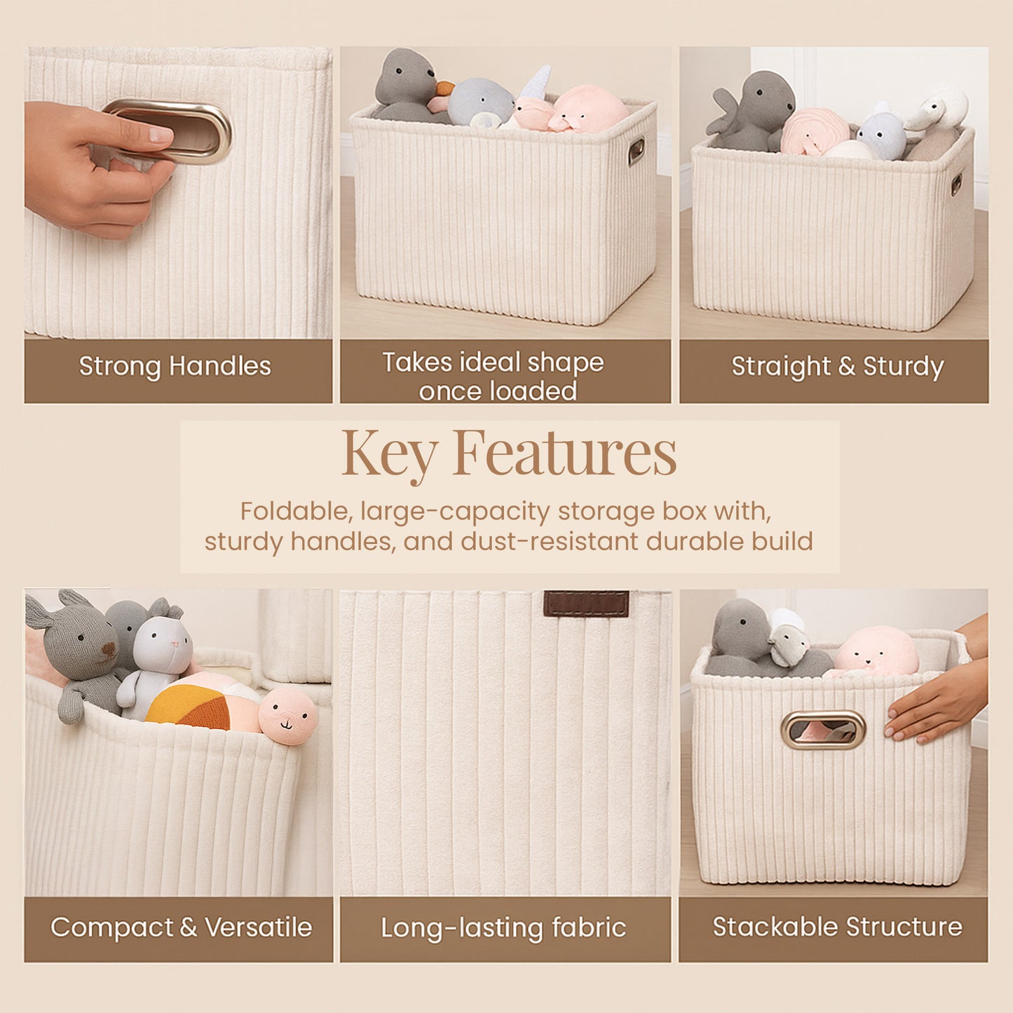 Soft Corduroy Laundry Box with Metal Handles - beige