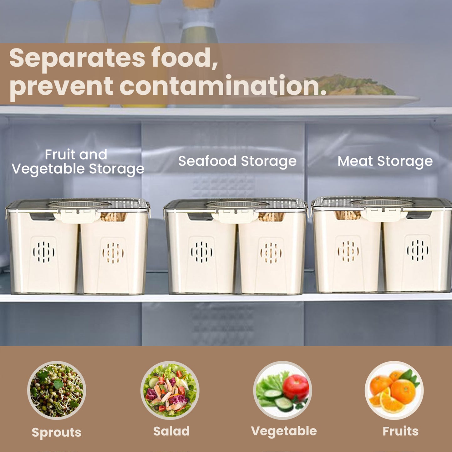 Fruit Storage Box Organizer, Refrigerator Vegetable Fresh Container, Plastic Refrigerator Storage Box with 3 Sections