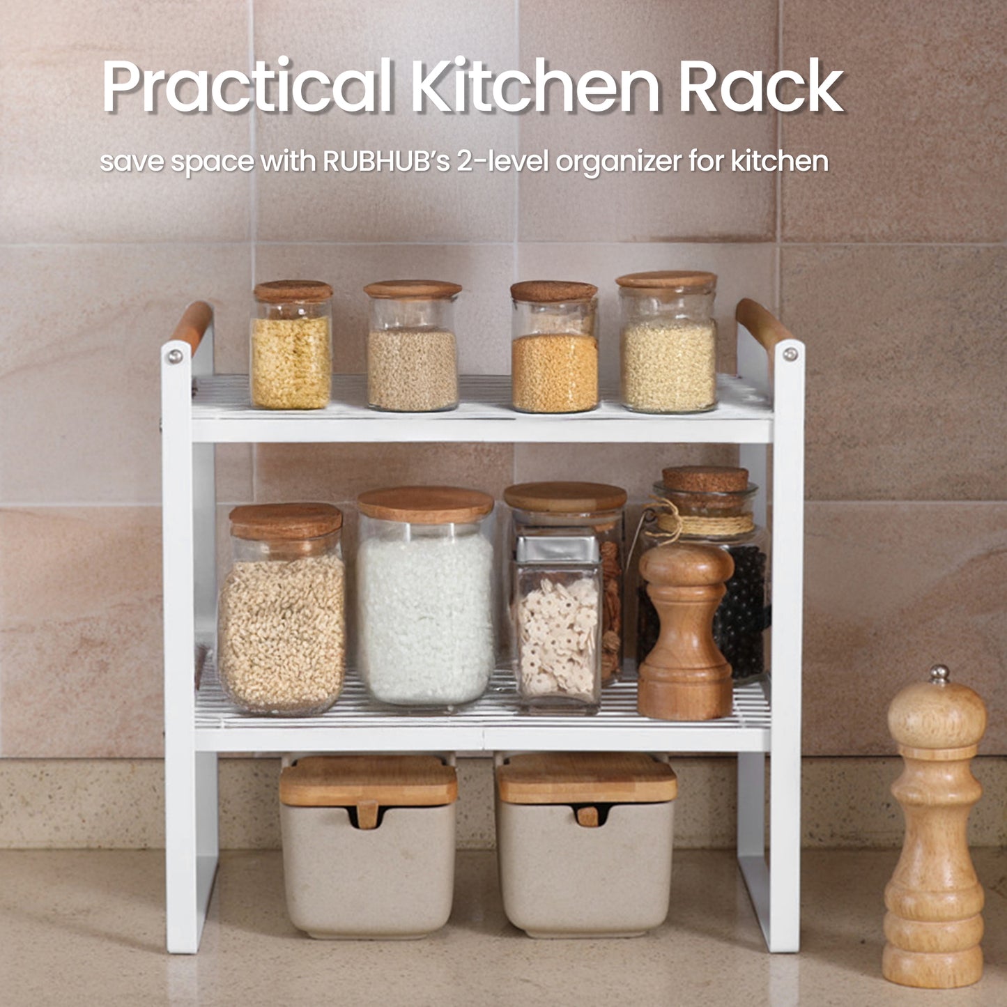 Double Layer White Metal Cabinet Organizer Shelf – Durable Kitchen Storage Rack with Wooden Handles, Bowl and Dish Drainer, Spice Rack