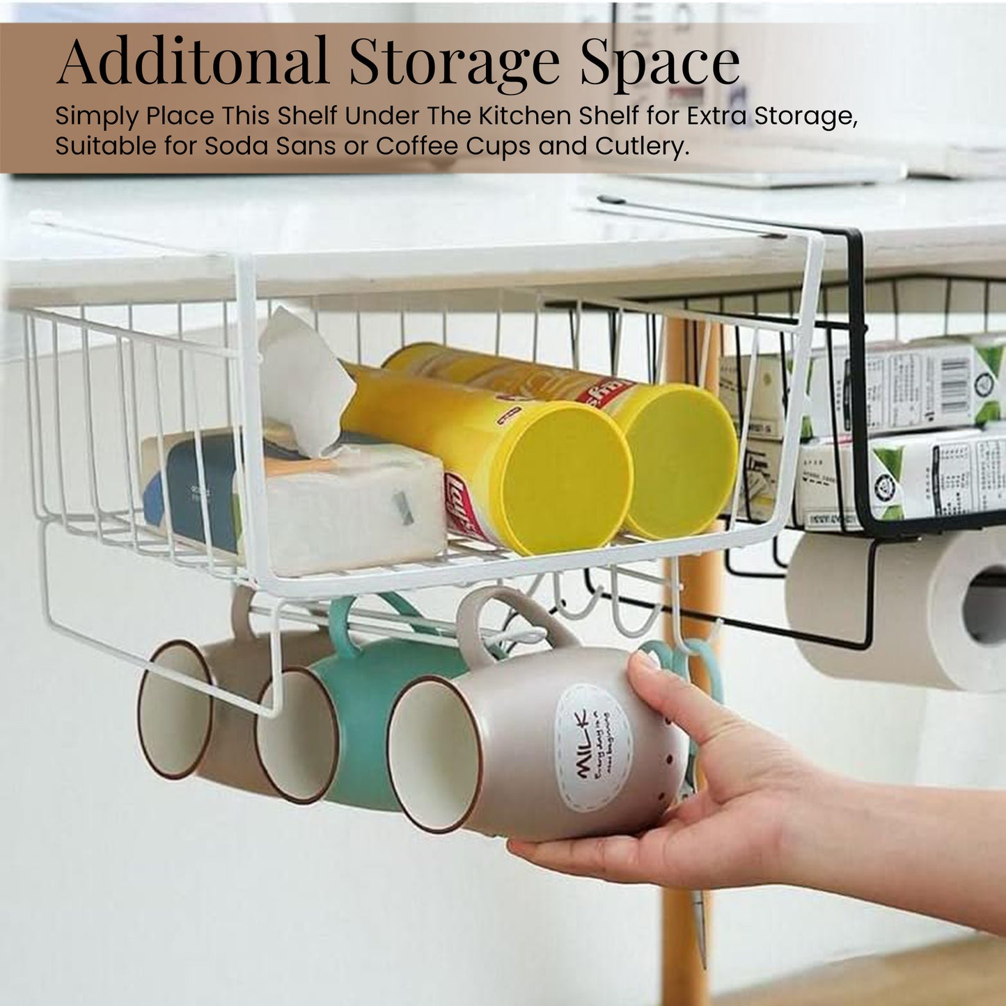 Kitchen shelving cabinet under hanging basket, wardrobe storage rack sundries kitchenware utensils pot lids storage hanging basket organizer rack with hooks