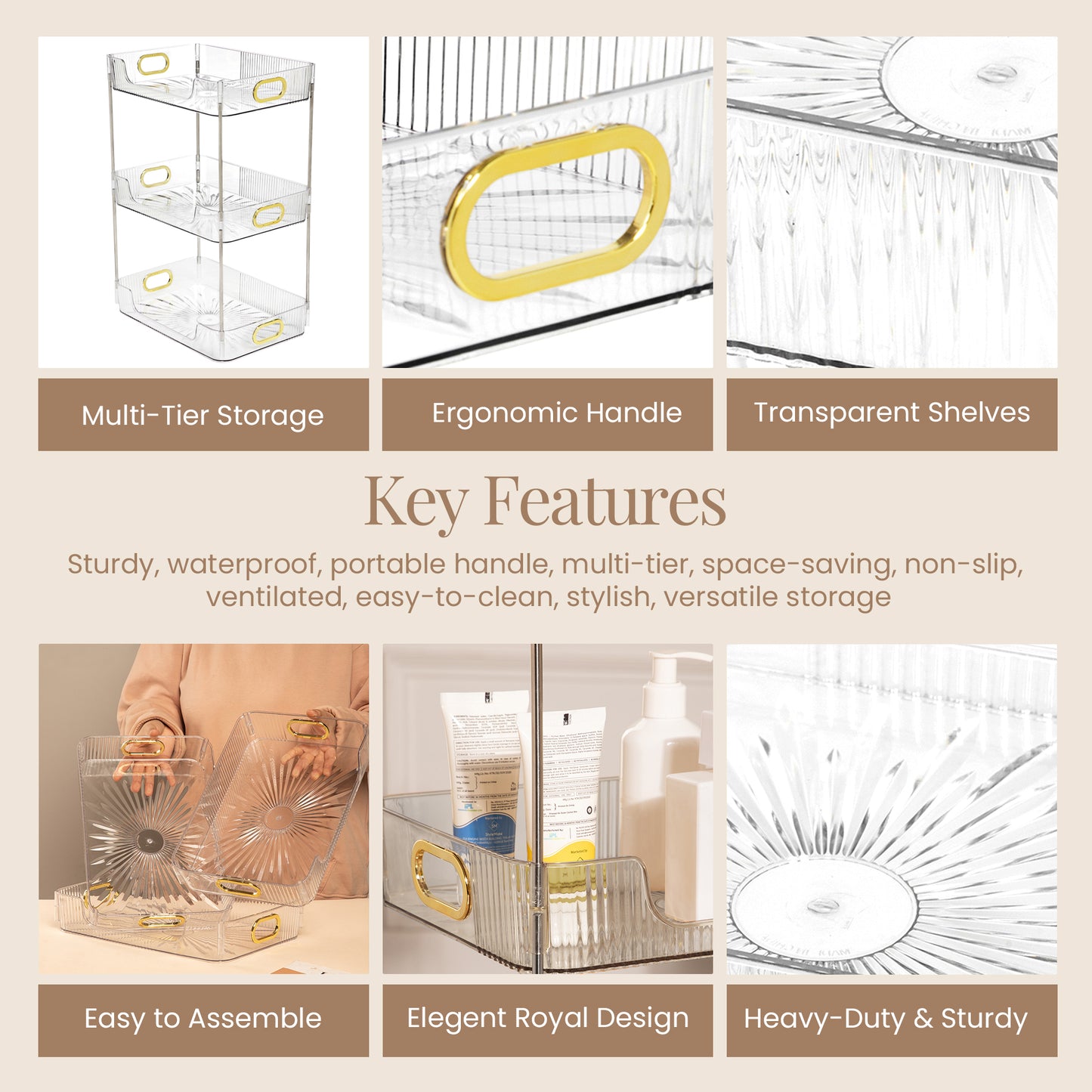 RUBHUB Transparent 3-Layer Bathroom/Kitchen/Dressing Table Countertop Organizer – Versatile Storage with a Premium Glass Finish