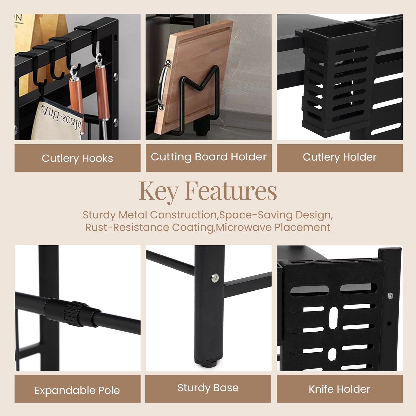 3-Tier Microwave Oven Rack, Expandable Microwave Stand, Countertop Utensils Tableware Storage