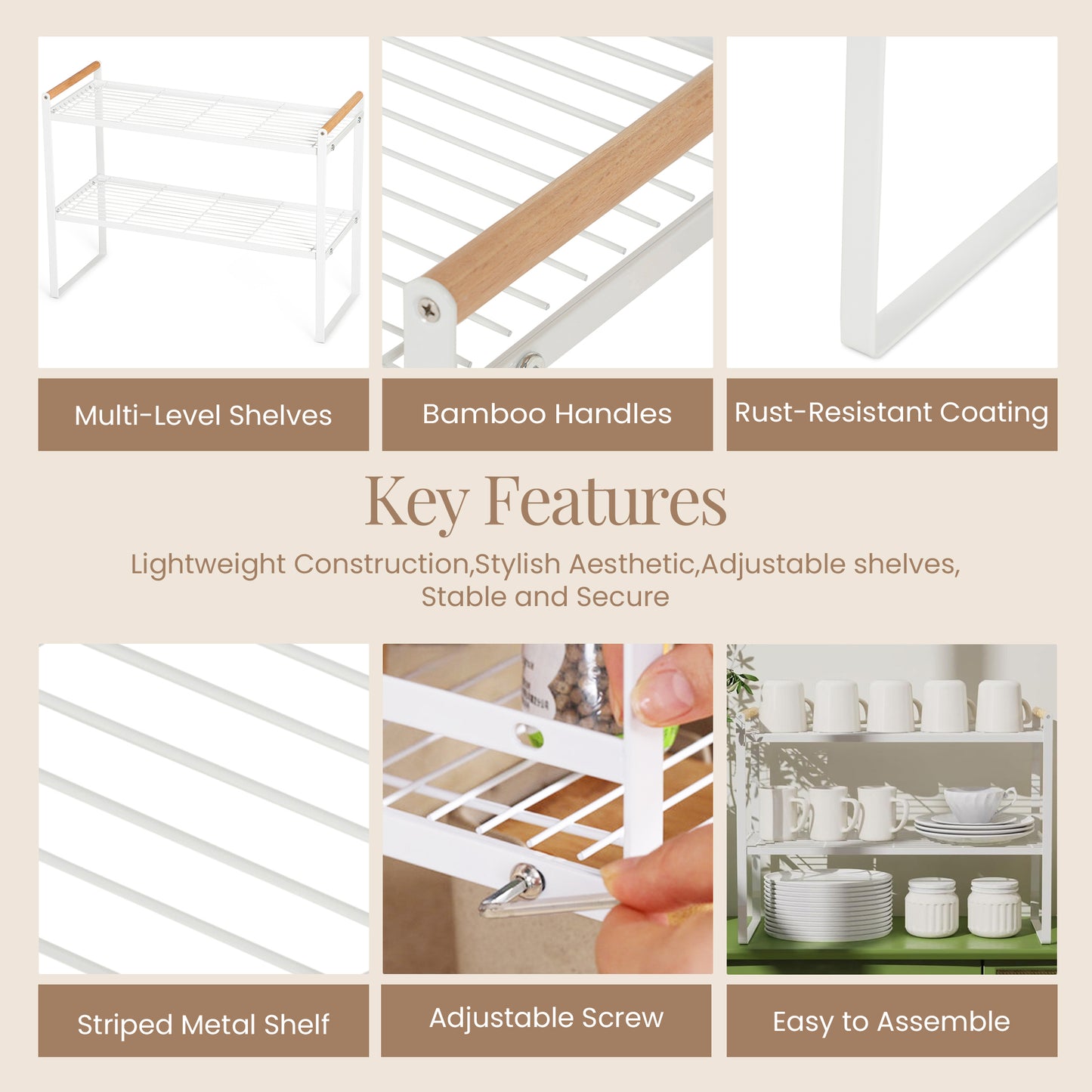 Double Layer White Metal Cabinet Organizer Shelf – Durable Kitchen Storage Rack with Wooden Handles, Bowl and Dish Drainer, Spice Rack