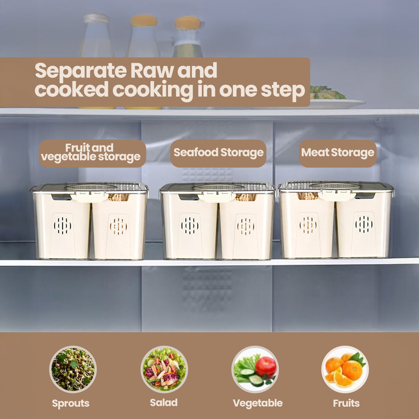 Fruit Storage Box Organizer, Refrigerator Vegetable Fresh Container, Plastic Refrigerator Storage Box with 2 Sections