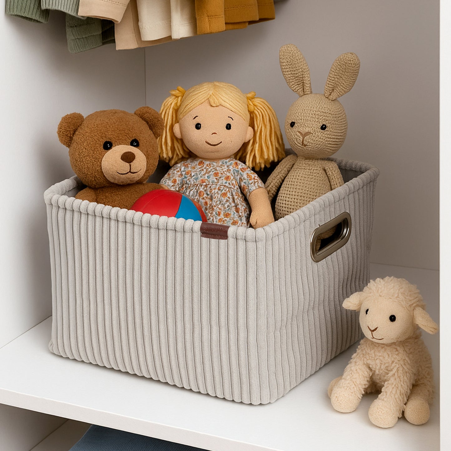 Soft Corduroy Cloth Storage Box with Metal Handles -grey