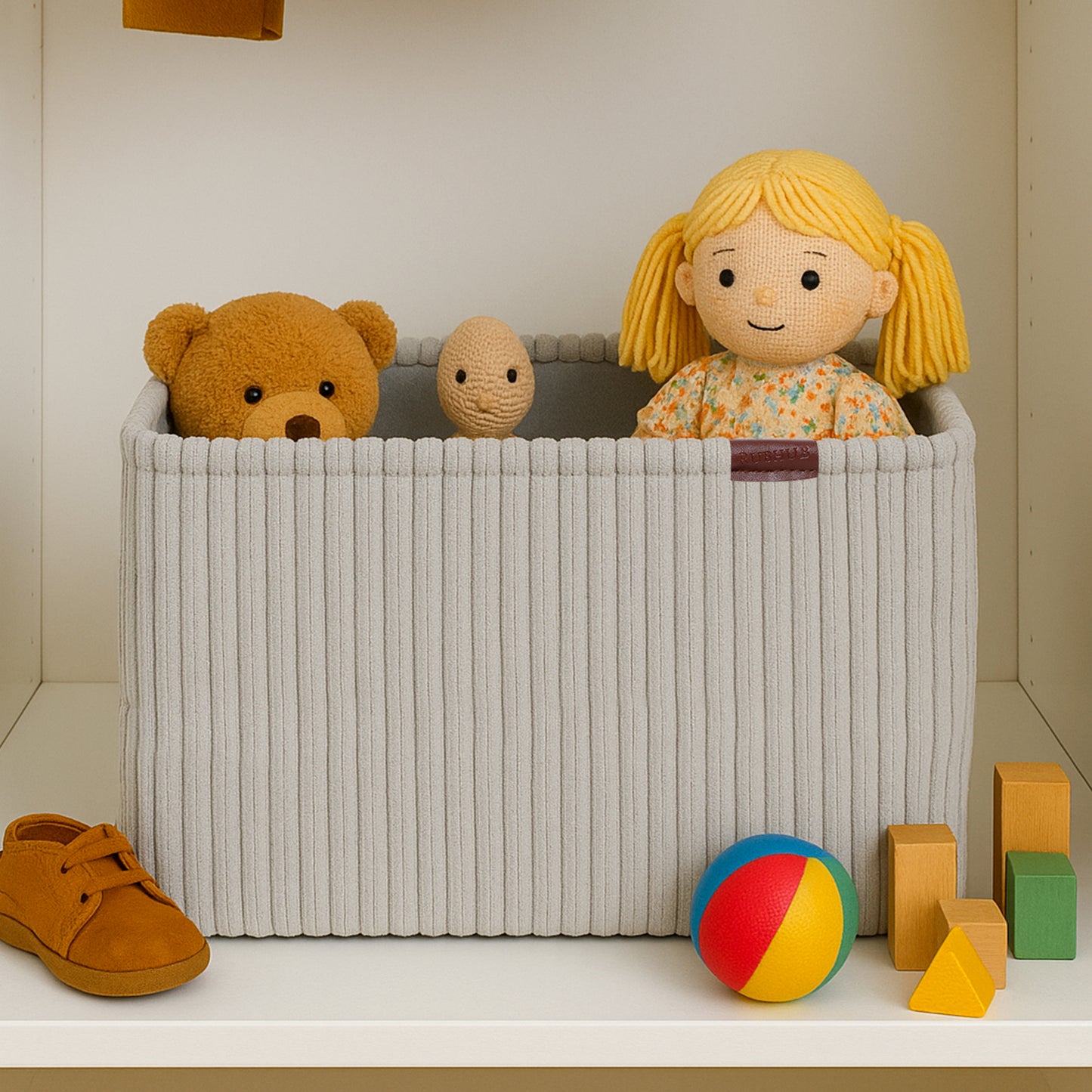 Soft Corduroy Cloth Storage Box with Metal Handles -grey