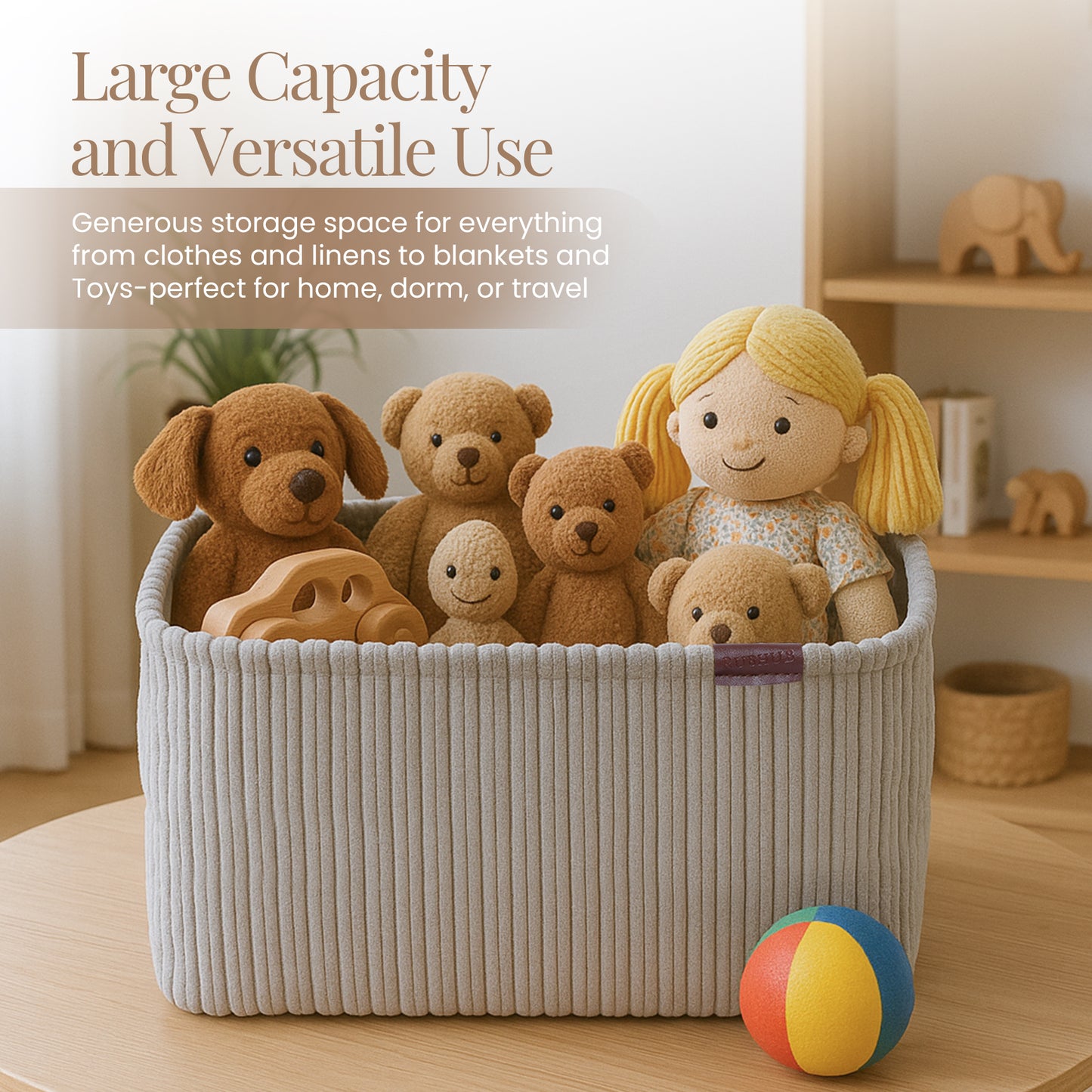 Soft Corduroy Cloth Storage Box with Metal Handles -grey