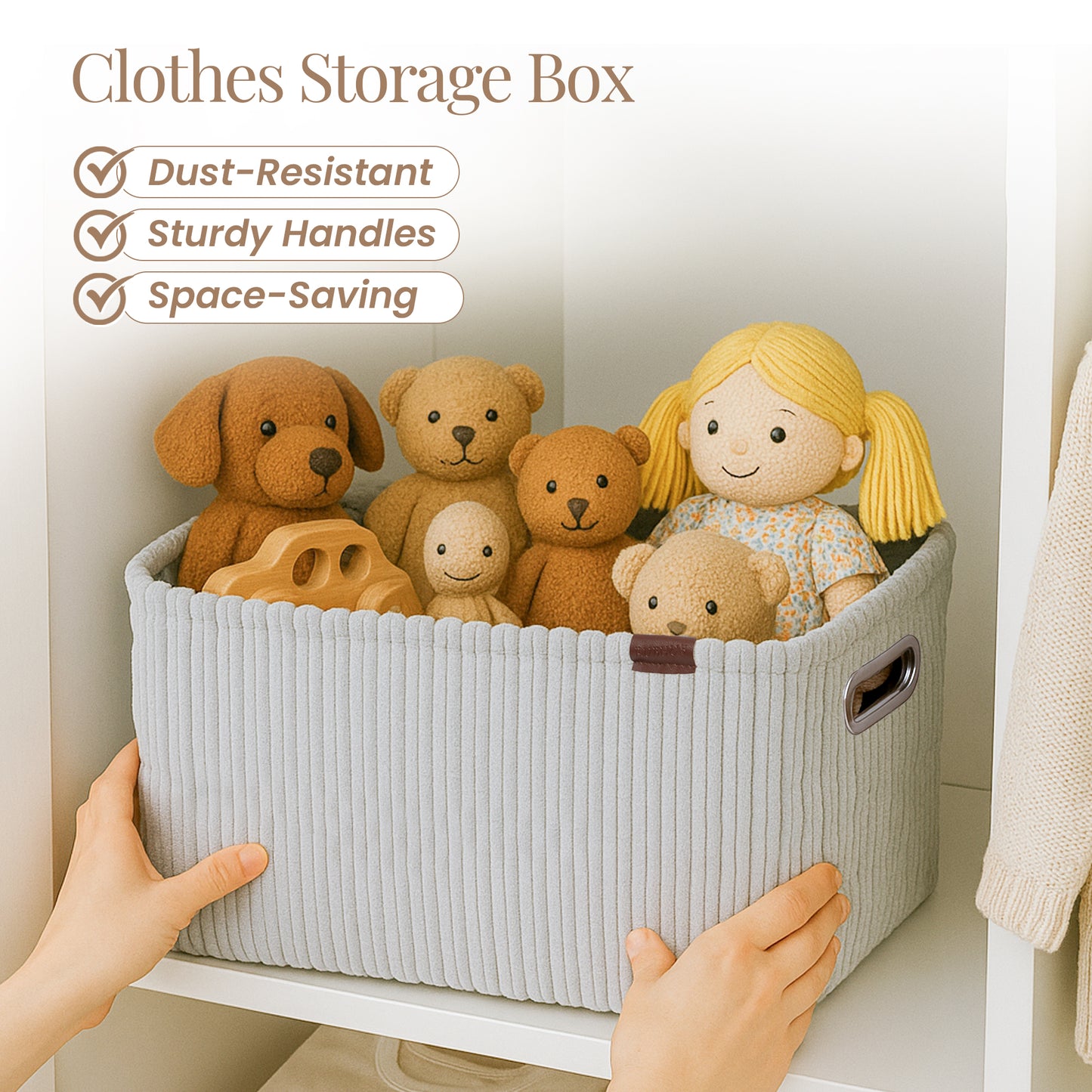 Soft Corduroy Cloth Storage Box with Metal Handles -grey