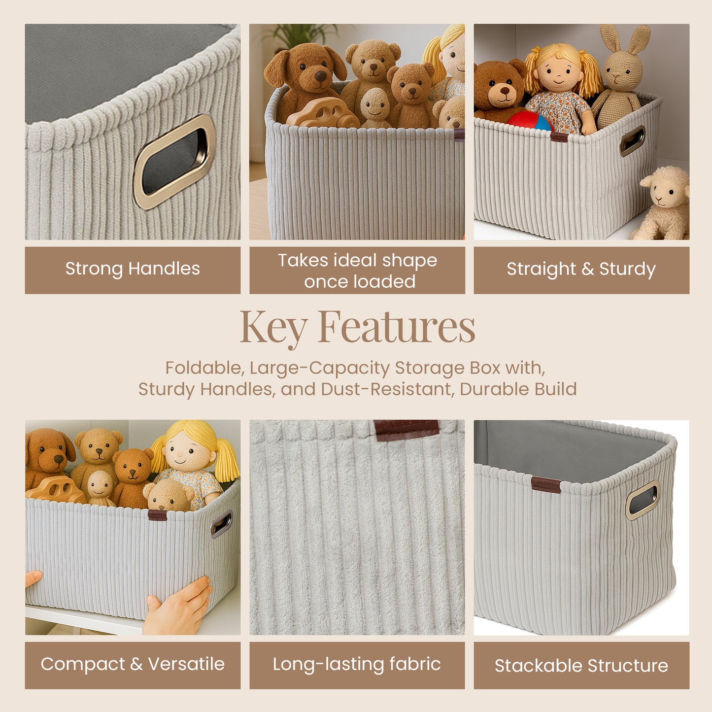 Soft Corduroy Cloth Storage Box with Metal Handles -grey