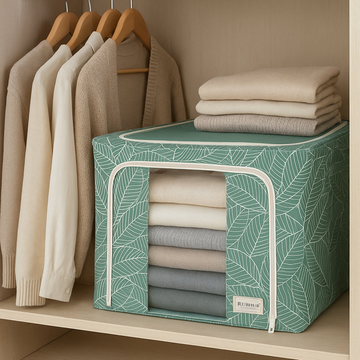 Stackable Green Leaf Cloth Storage Box for Functional Organizer