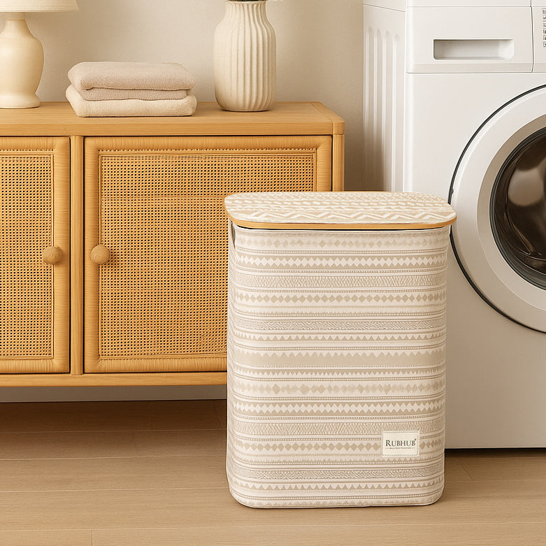 Foldable Laundry Basket with Wooden Frame and Detachable Lid