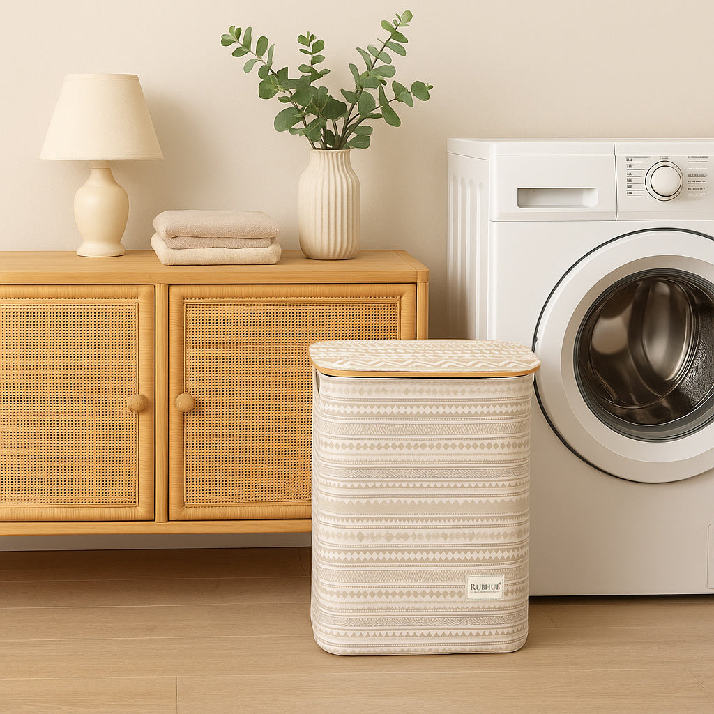 Foldable Laundry Basket with Wooden Frame and Detachable Lid