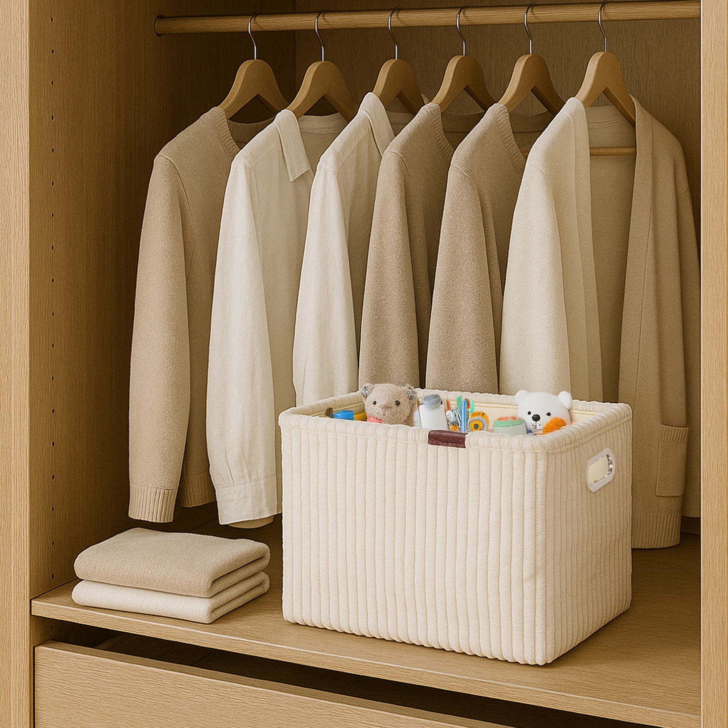 Soft Corduroy Laundry Box with Metal Handles - beige