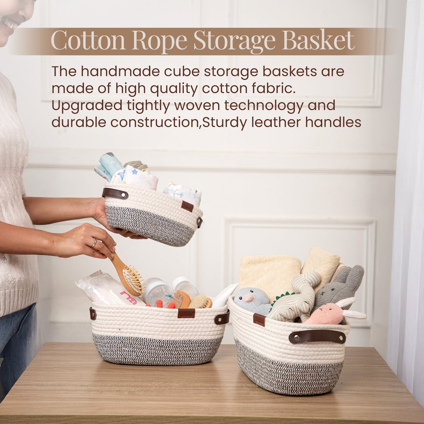 Stylish & Durable Rope Storage Basket Set – Modern Home Organizer (Set of 3) - Grey