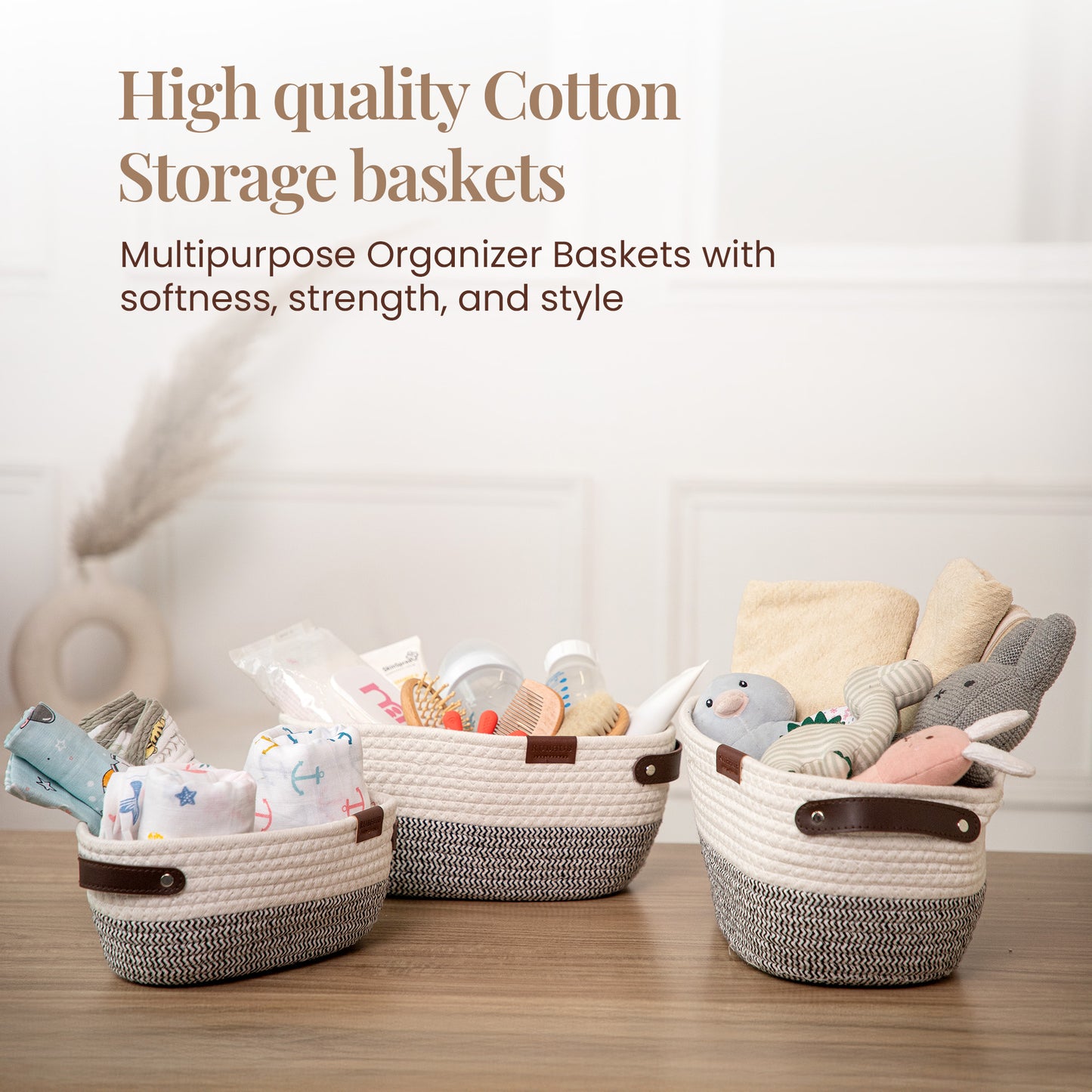Stylish & Durable Rope Storage Basket Set – Modern Home Organizer (Set of 3) - Grey