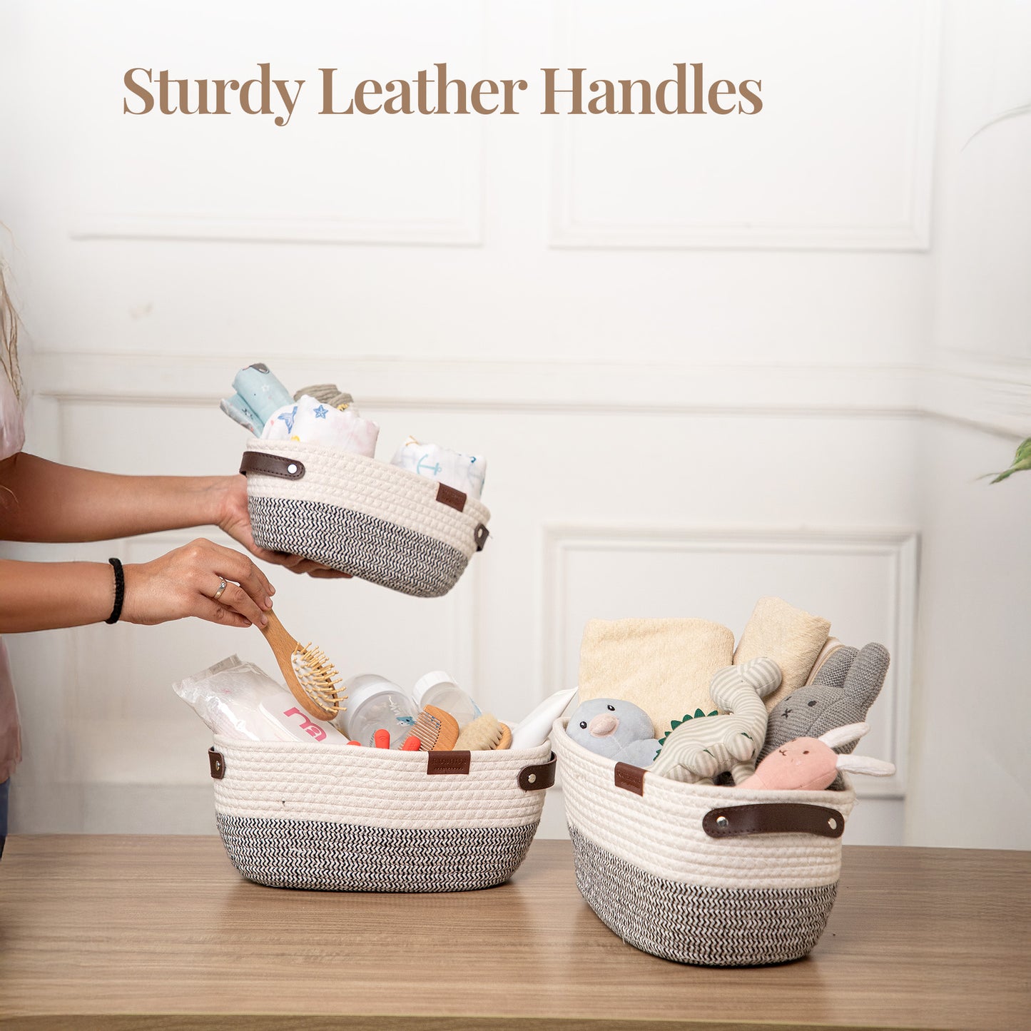 Stylish & Durable Rope Storage Basket Set – Modern Home Organizer (Set of 3) - Grey