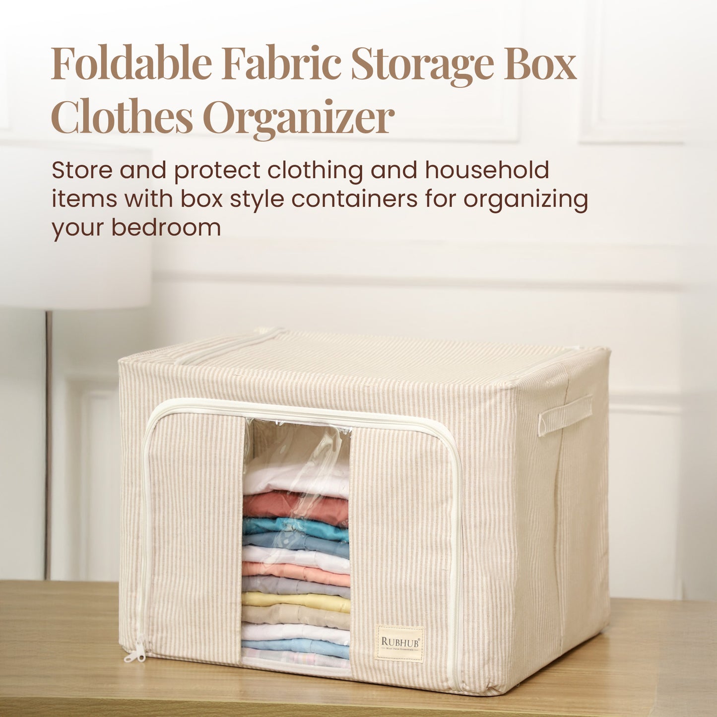 Pinstriped Cloth Storage Box with Transparent Window- beige