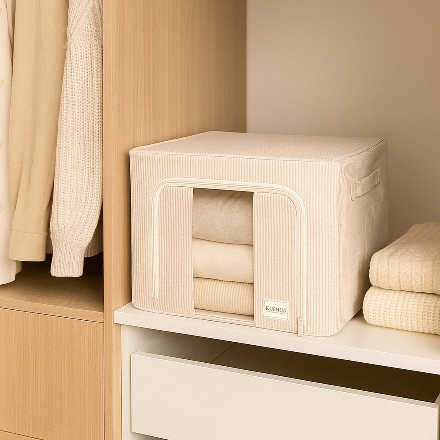 Pinstriped Cloth Storage Box with Transparent Window- beige