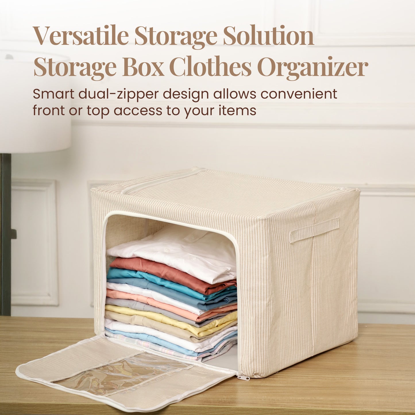 Pinstriped Cloth Storage Box with Transparent Window- beige