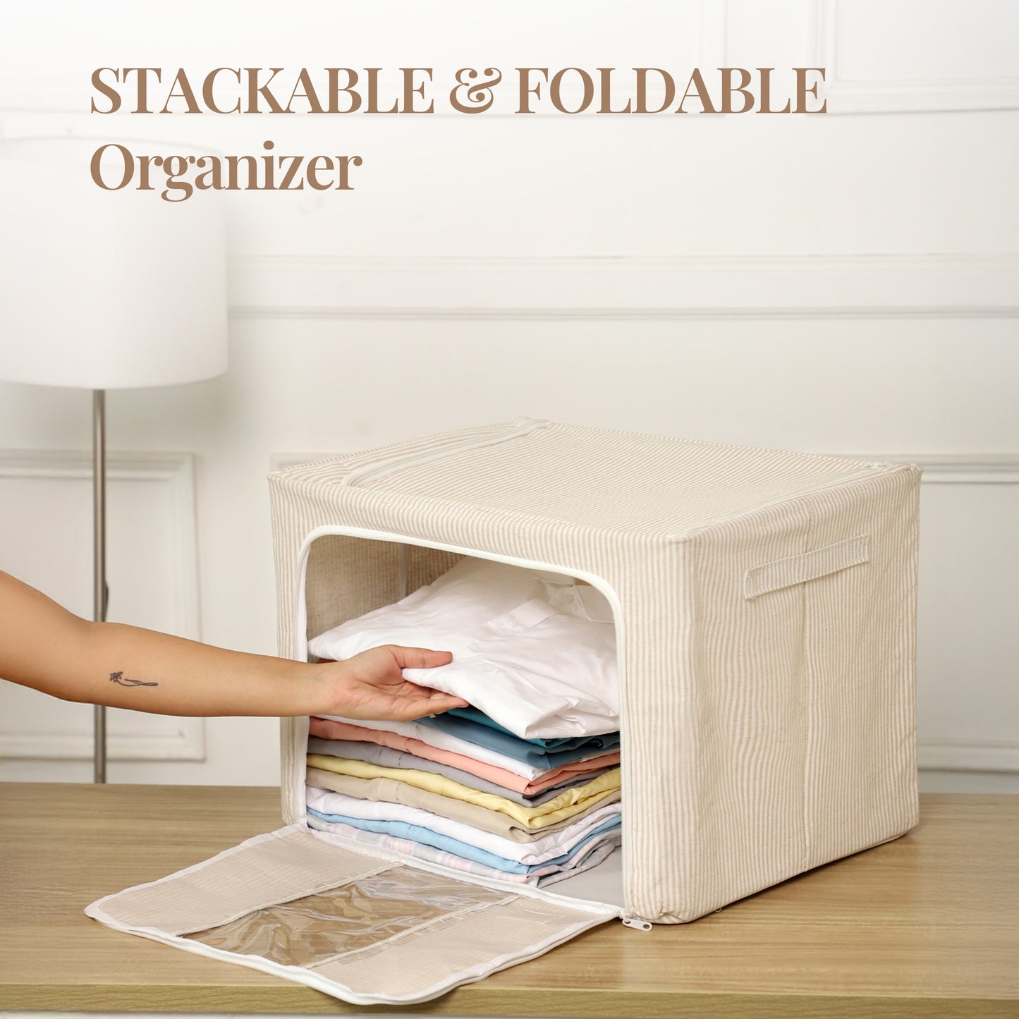 Pinstriped Cloth Storage Box with Transparent Window- beige