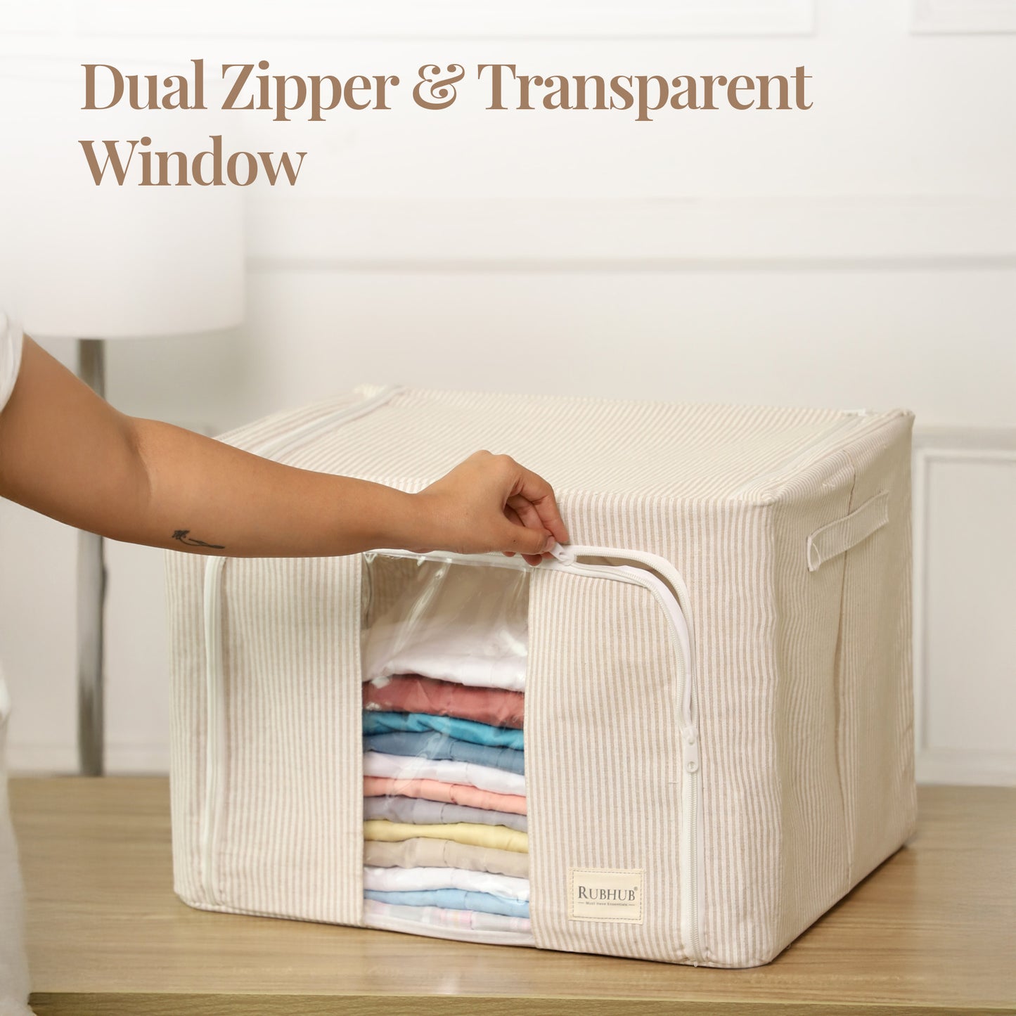 Pinstriped Cloth Storage Box with Transparent Window- beige