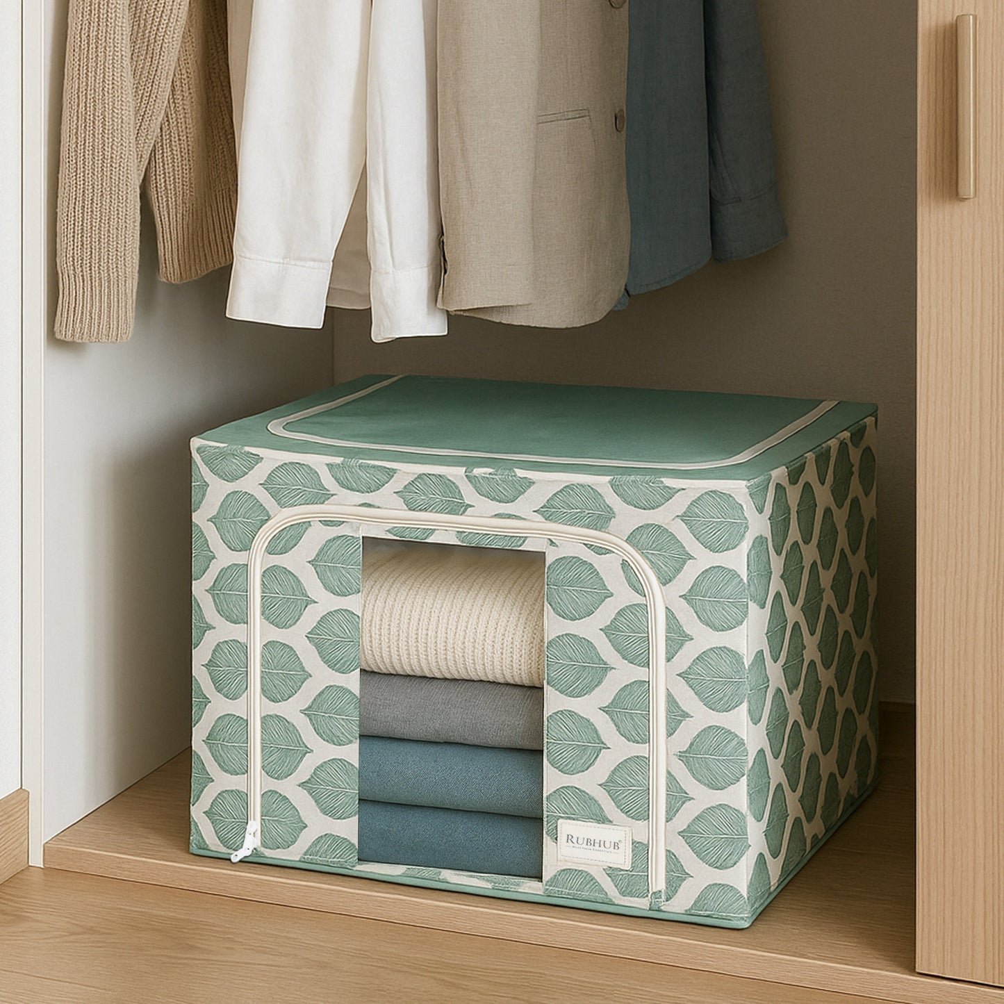 Stackable Green Leaf Cloth Storage Box for Functional Organizer