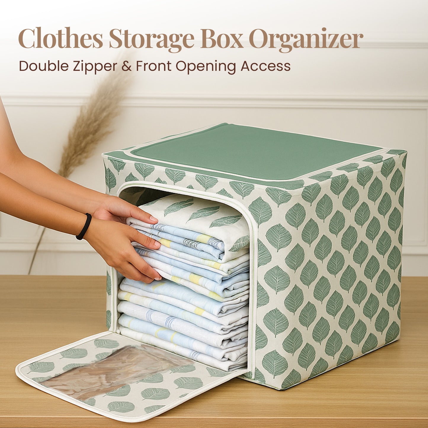 Stackable Green Leaf Cloth Storage Box for Functional Organizer