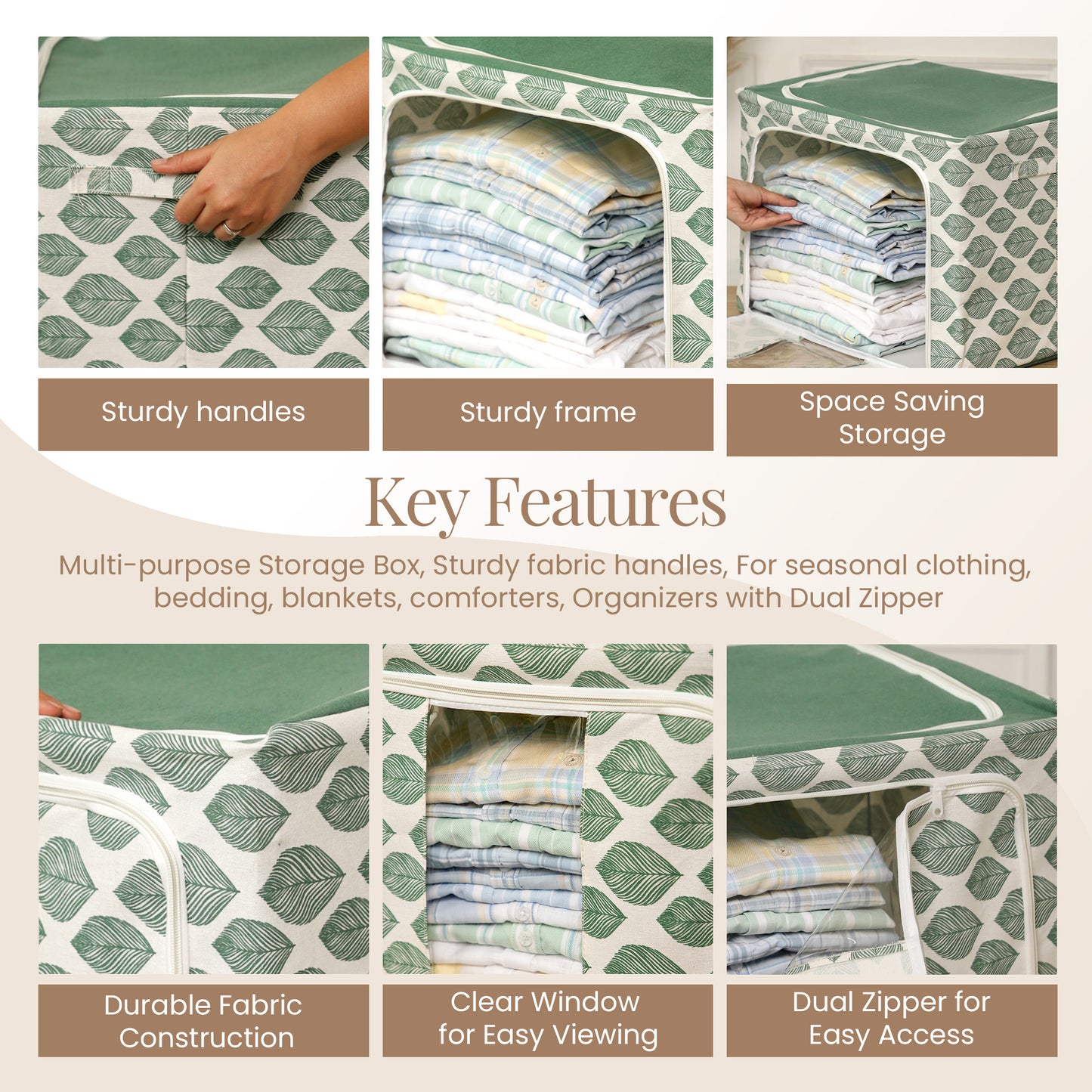 Stackable Green Leaf Cloth Storage Box for Functional Organizer