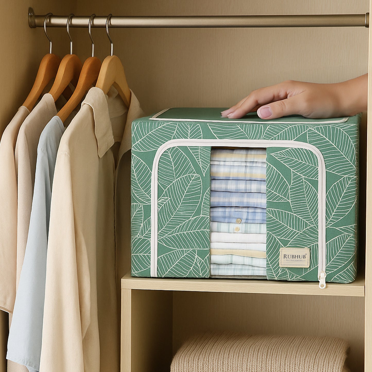 Stackable Green Leaf Cloth Storage Box for Functional Organizer