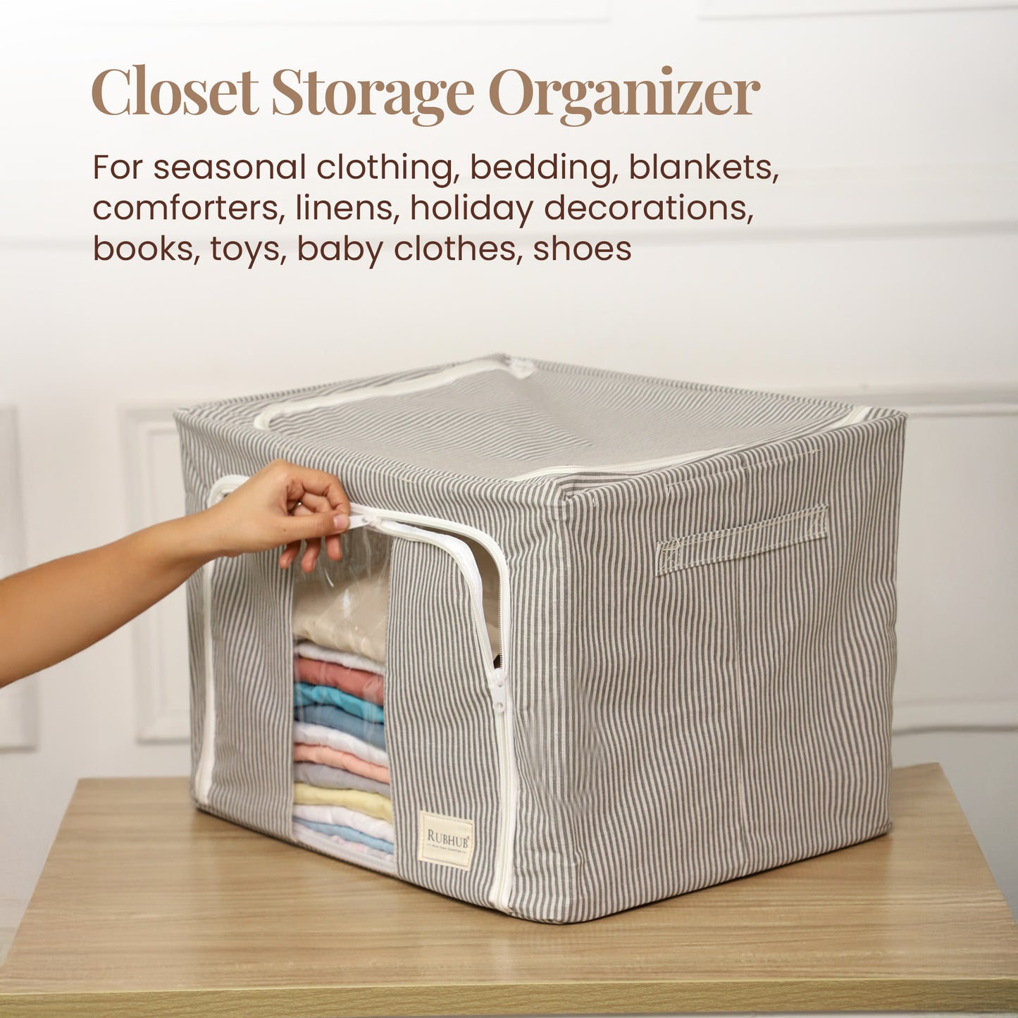 Pinstriped Cloth Storage Box with Transparent Window – Grey
